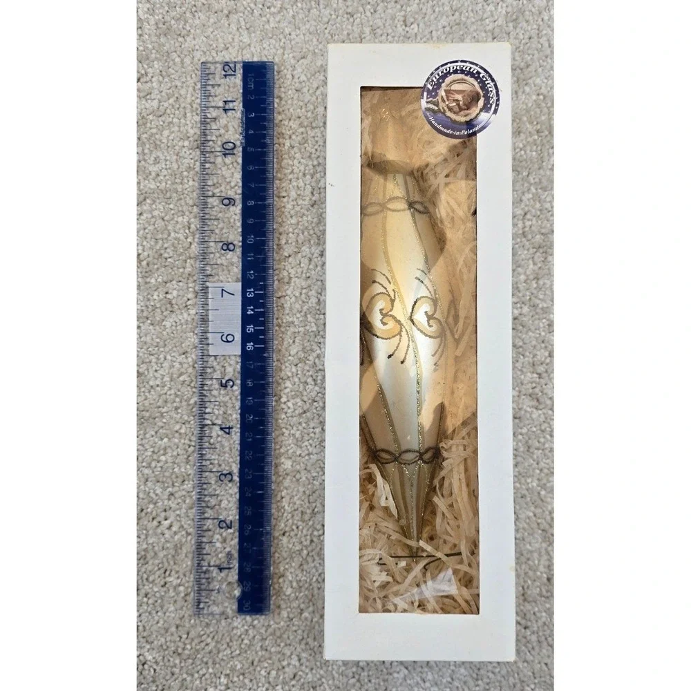 Vintage European Glass Christmas Ornament Hand Blown Poland Teardrop w/ Swirls‎